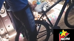 A boy polishes the bicycle saddle with my penis until