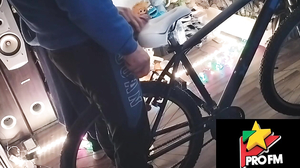 A boy polishes the bicycle saddle with my penis until