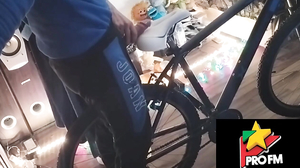 A boy polishes the bicycle saddle with my penis until