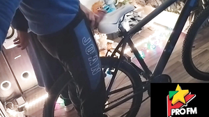 A boy polishes the bicycle saddle with my penis until