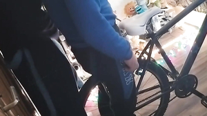 A boy polishes the bicycle saddle with my penis until t