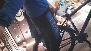 A boy polishes the bicycle saddle with my penis until t