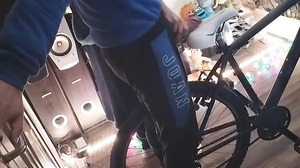 A boy polishes the bicycle saddle with my penis until t