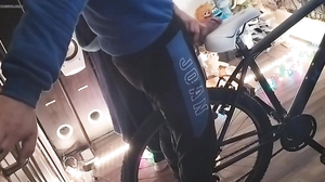 A boy polishes the bicycle saddle with my penis until t