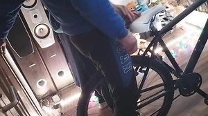A boy polishes the bicycle saddle with my penis until t