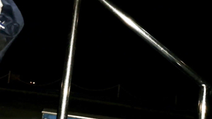 Be and Guy Cum on Railing at Night Poolside