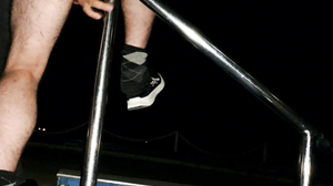 Be and Guy Cum on Railing at Night Poolside