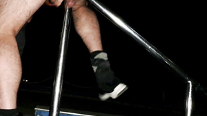 Be and Guy Cum on Railing at Night Poolside