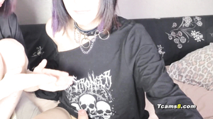 Goth Shemale Fucks Her Babe's Wet Pussy with a Big Orange Dildo