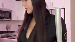 random hot police girl fucks her dildo in the kitchen